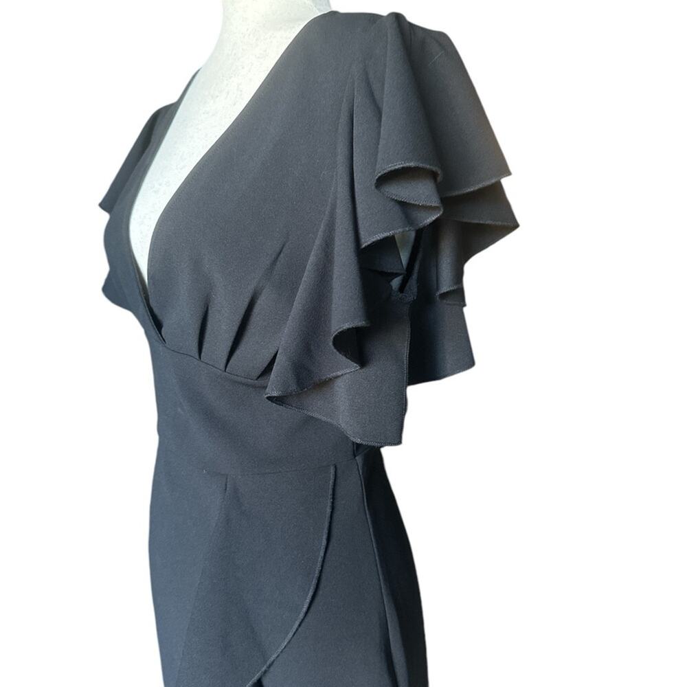 Black Ruffle Sleeve Fitted Midi Dress Front Slit Cocktail Evening Size 12 - Picture 5 of 7